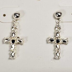 Silver tone Cross w/ Blue Crystal 1-inch Drop Earrings - Women's Fashion Jewelry